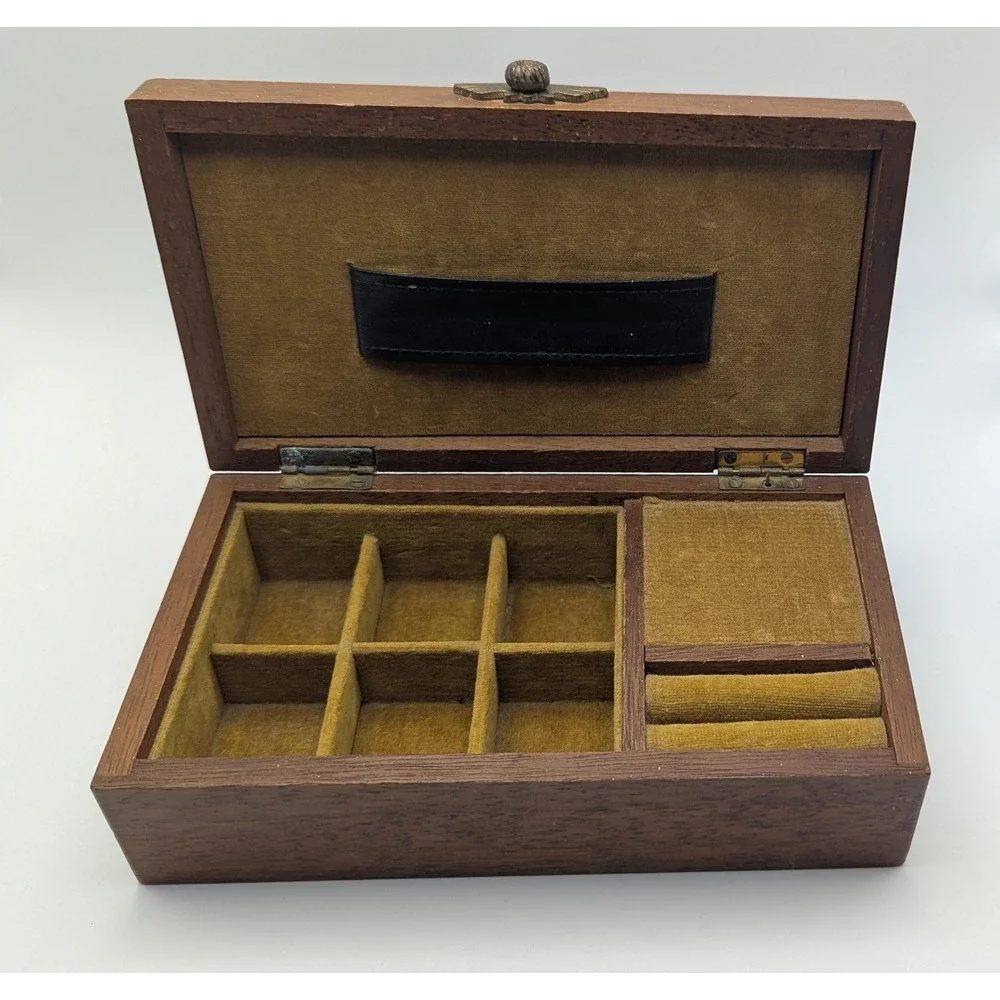 Vintage Japanese Brutalist Wooden Musical Jewelry Box Mid Century Modern Mustard